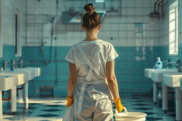 Poster - Woman in white uniform cleaning bathroom