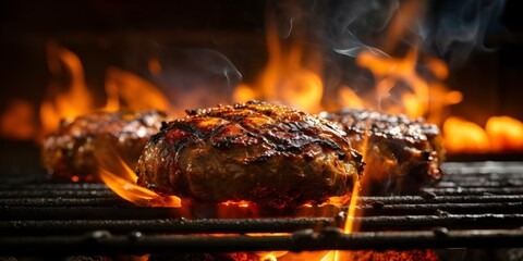 Wall Mural - Fire Under Hamburger Meat on the Grill. Concept Grilling, BBQ, Cooking, Outdoor Dining, Fire Safety