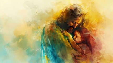 Wall Mural - jesus christ embracing child on abstract watercolor background concept illustration
