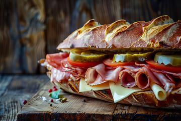 Wall Mural - Hearty Italian Sub with Deli Meats and Provolone Cheese on Rustic Table  