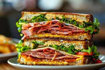 Wall Mural - Classic Club Sandwich with Toasted Bread and Layered Meats