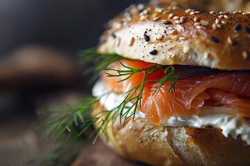 Wall Mural - Smoked Salmon and Cream Cheese Breakfast Bagel with Dill