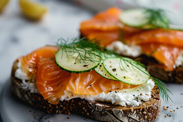 Wall Mural - Open-Faced Scandinavian Sandwiches with Smoked Fish on Rye 