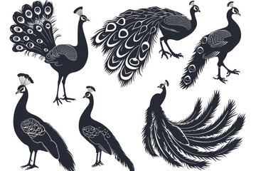 Wall Mural - Group of peacocks standing on a clean white surface, with feathers spread out in various colors