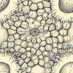 Wall Mural - A detailed line drawing of a rambutan, with its hairy, spiky outer skin and a section peeled away to reveal the smooth, juicy flesh and the single seed inside. Minimal pattern banner wallpaper,