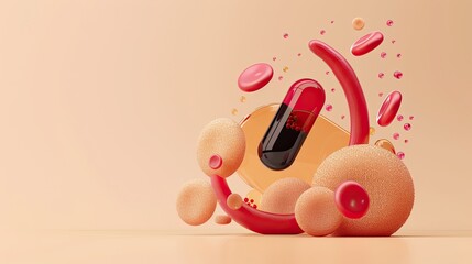 Abstract composition with medical capsule and floating organic shapes. Modern healthcare concept in minimalistic design.