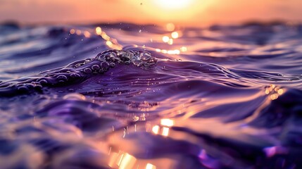   An intimate portrayal of a cresting wave in the vast ocean, as the setting sun casts its golden light beyond the surface