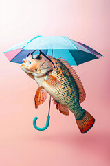 Wall Mural - Creative image of tropical fish with umbrella and spectacles on light pink background