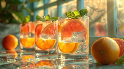 Wall Mural - this image is generated using artificial intelligence to show an elegant gin and tonic setup with vibrant citrus accents.stock photo