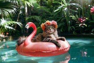 Canvas Print - A laid-back cat wearing a flower crown, lounging on a flamingo-shaped pool float in a lush, tropical pool.