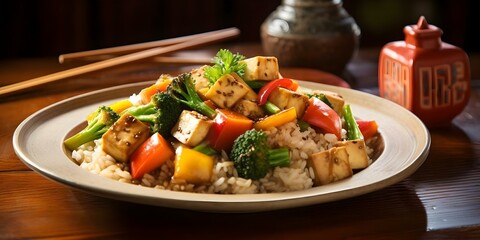 Poster - Sesame Ginger Tofu Stir-Fry with Brown Rice and Vegetables A Delicious Meal. Concept Cooking, Vegetarian, Stir-Fry, Tofu, Healthy Eating