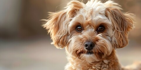 Wall Mural - Closeup of a Maltipoo dog with big kind eyes and brown fur. Concept Pet Portraits, Maltipoo Breed, Close-up Shots, Big Kind Eyes, Brown Fur