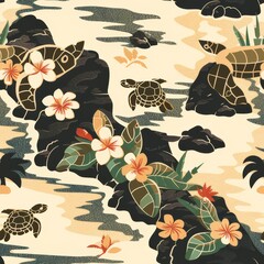 Wall Mural - Hawaiian shirt print brown botanical seamless pattern flat illustration with ukulele, palm trees, leaves, surfboards and turtles