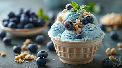 Wall Mural -   A bowl of blueberries sits beside a scoop of ice cream topped with blueberries and walnuts on a table