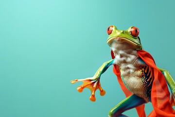 A lively frog, sporting a red superhero cloak and mask, leaps and flies against a pastel turquoise background