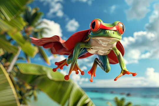 A lively frog, sporting a red superhero cloak and mask, leaps and flies against a pastel turquoise background