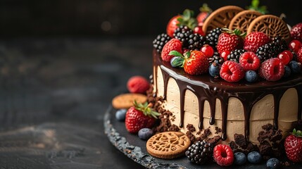   Close-up of a cake on a plate with berries, cookies, and chocolate drizzled on top
