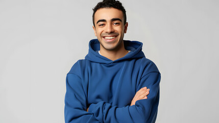 Wall Mural - Young smiling happy cheerful middle eastern man he wears blue hoody casual clothes hold satisfied hands crossed folded look camera isolated on plain solid white background studio. Lifestyle concept.