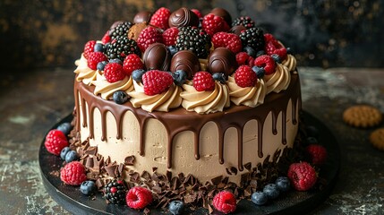 Wall Mural -   A chocolate cake topped with fresh raspberries and drizzled with melted chocolate