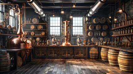 Crafting Artisanal Spirits Rustic Distillery Scene with Blank Business Cards Copper Stills and Oak Barrels