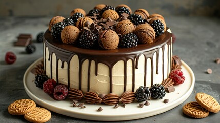 Wall Mural -   A close-up of a cake on a plate with cookies and raspberries nearby