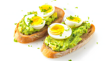 on a wooden table, toast rye bread and top it with avocado puree and hard boiled eggs isolated on white background, png