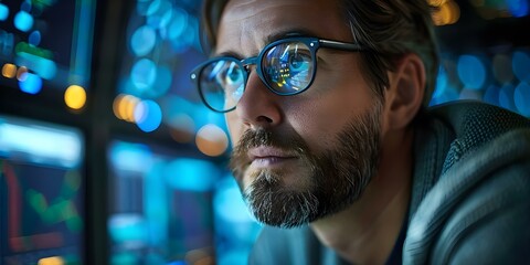 Determined programmer with glasses navigating intricate data software networks. Concept Programming Skills, Data Networks, Technology Solutions, Problem-Solving, Glasses