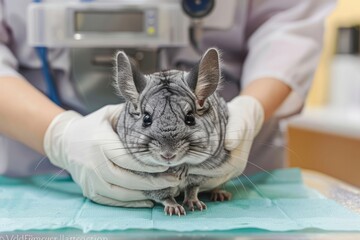 The hands of a veterinarian examine a chinchilla lying on a table in a clinic. The concept for the development of veterinary clinics and animal treatment.
