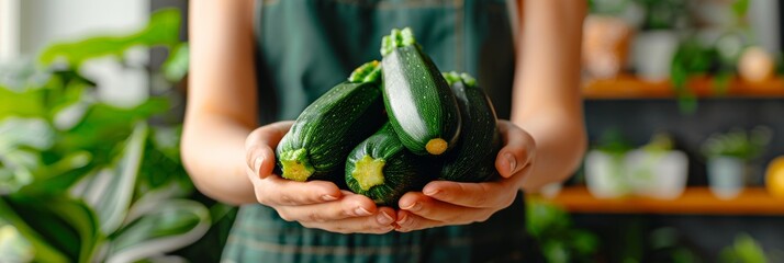Wall Mural - Close up of hands holding fresh zucchini, detailed view of vibrant green vegetable