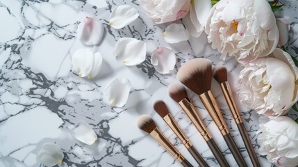 Wall Mural - Luxurious HighEnd Makeup Brushes on Marble Surface with Delicate Peony Petals Beauty and Elegance in Every Stroke