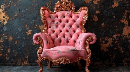 Wall Mural -   A pink chair sits against a dark wall with peeling paint
