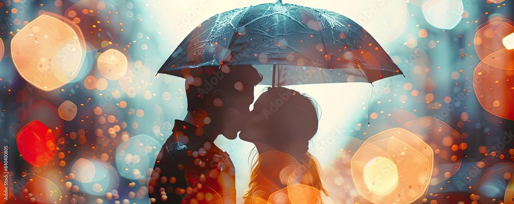 Romantic couple under an umbrella in the rain with bokeh lights ...