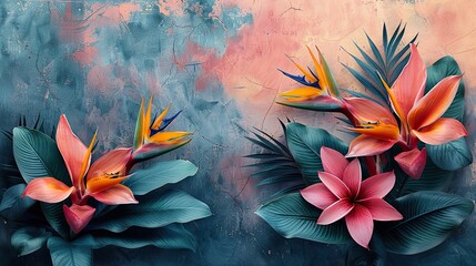 the watercolor of a bird of paradise flower on a background of rough brush strokes depicts tropical leaves and tropical flowers.image illustration