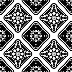 Detailed black and white image of a repeating pattern of octagons and squares, each shape decorated with intricate line work, forming a seamless and captivating geometric pattern. Minimal pattern