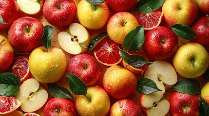 Wall Mural -   Pile of red-yellow apples with green leaves and apple slices with water drops