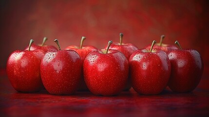 Wall Mural -   A cluster of crimson apples positioned together on a scarlet platform with droplets of water adjacent