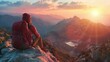 © kitipol - A delighted traveler revels in the tranquility of the mountains at dusk, their content expression mirroring the peace and serenity of the moment, with the colorful sunset providing a perfect backdrop