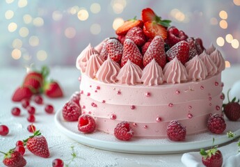 Wall Mural - Tempting strawberry cake, fruit cake, animal cream, birthday cake.