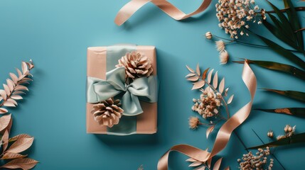 Wall Mural - A gift box with a decorative ribbon bow, set on a flat lay solid color background with dried flowers and tropical leaves, featuring ample area for copy