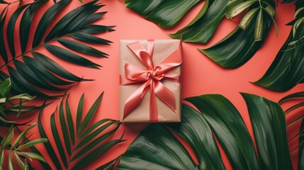 Wall Mural - A gift box with a decorative ribbon bow, set on a flat lay solid color background with dried flowers and tropical leaves, featuring ample area for copy