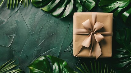 Wall Mural - A gift box with a decorative ribbon bow, set on a flat lay solid color background with dried flowers and tropical leaves, featuring ample area for copy