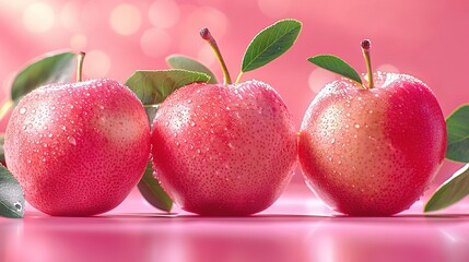 Wall Mural -   Three apples on a table with green leaves and water droplets