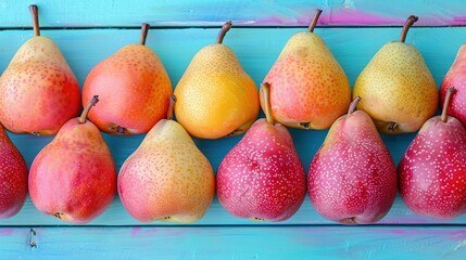 Wall Mural -   A group of pears arranged on a blue and pink wooden plank