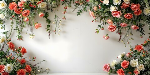 Wall Mural - Floral Arrangement Flanking a White Wall. Concept Floral Arrangement, White Wall Background