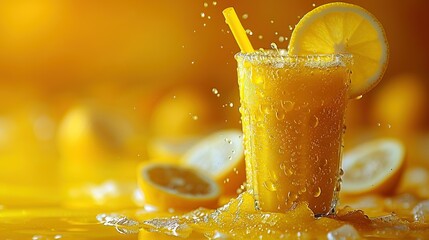 Wall Mural -   A glass of orange juice with a straw, a lemon slice, and water splashing on the side