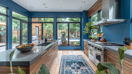  Contemporary kitchen with blue walls, walnut cabinetry, and a high-tech induction cooktop