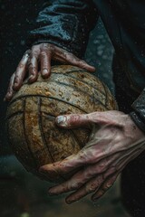 Wall Mural - A close-up shot of a person grasping a basketball