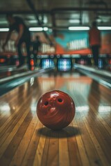 Canvas Print - A bowling ball is sitting on top of a wooden floor, ready for the next game