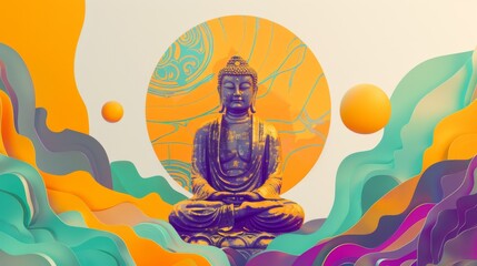 Wall Mural - Digital illustration featuring a transcendent buddha statue