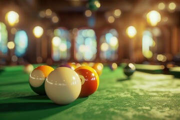 A pool table with several colorful pool balls arranged artfully on its surface